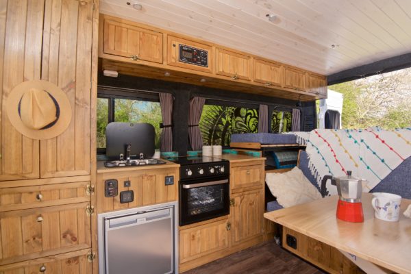 large campervan wooden interior