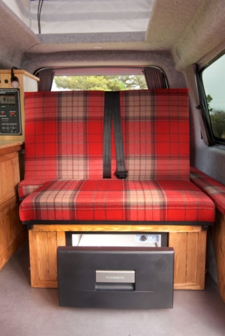 VW caddy campervan conversion seating and Dometic compressor fridge